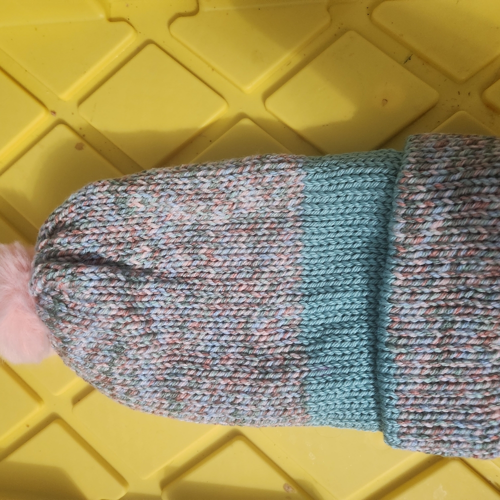 New! Hand Knitted Cozy Multicolor Knit Beanie with Pink Pom